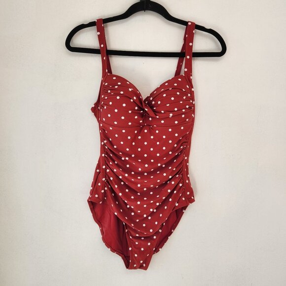Niptuck Swim Red Polka Dot Swimsuit Joanne Slimming Ruched One Piece Size 8 - Picture 3 of 12